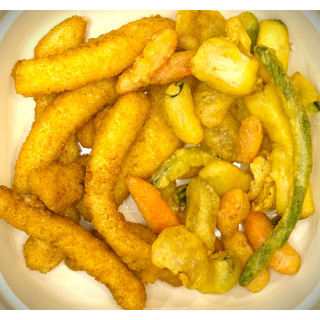Rabas rebozadas con verduras en tempura